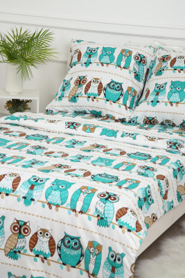КПБ Совы 2 спальный Евро простыней на резинке белый